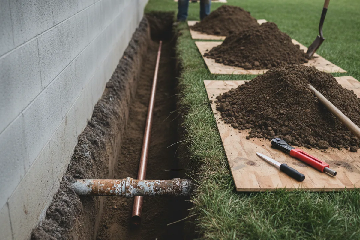 Excavated water line trench during Water Softener Installation in Donora